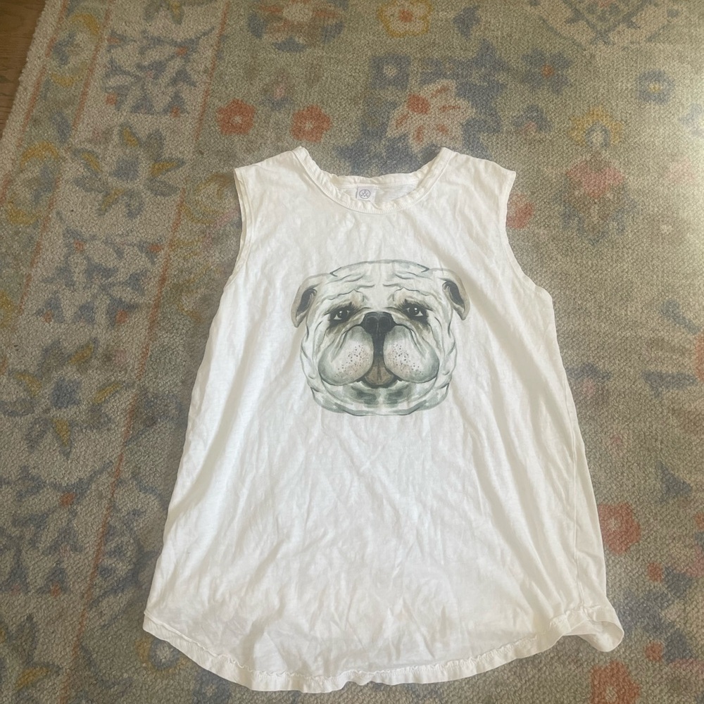 Stewart Simmons White Sleeveless Tank with Bulldog Print, M